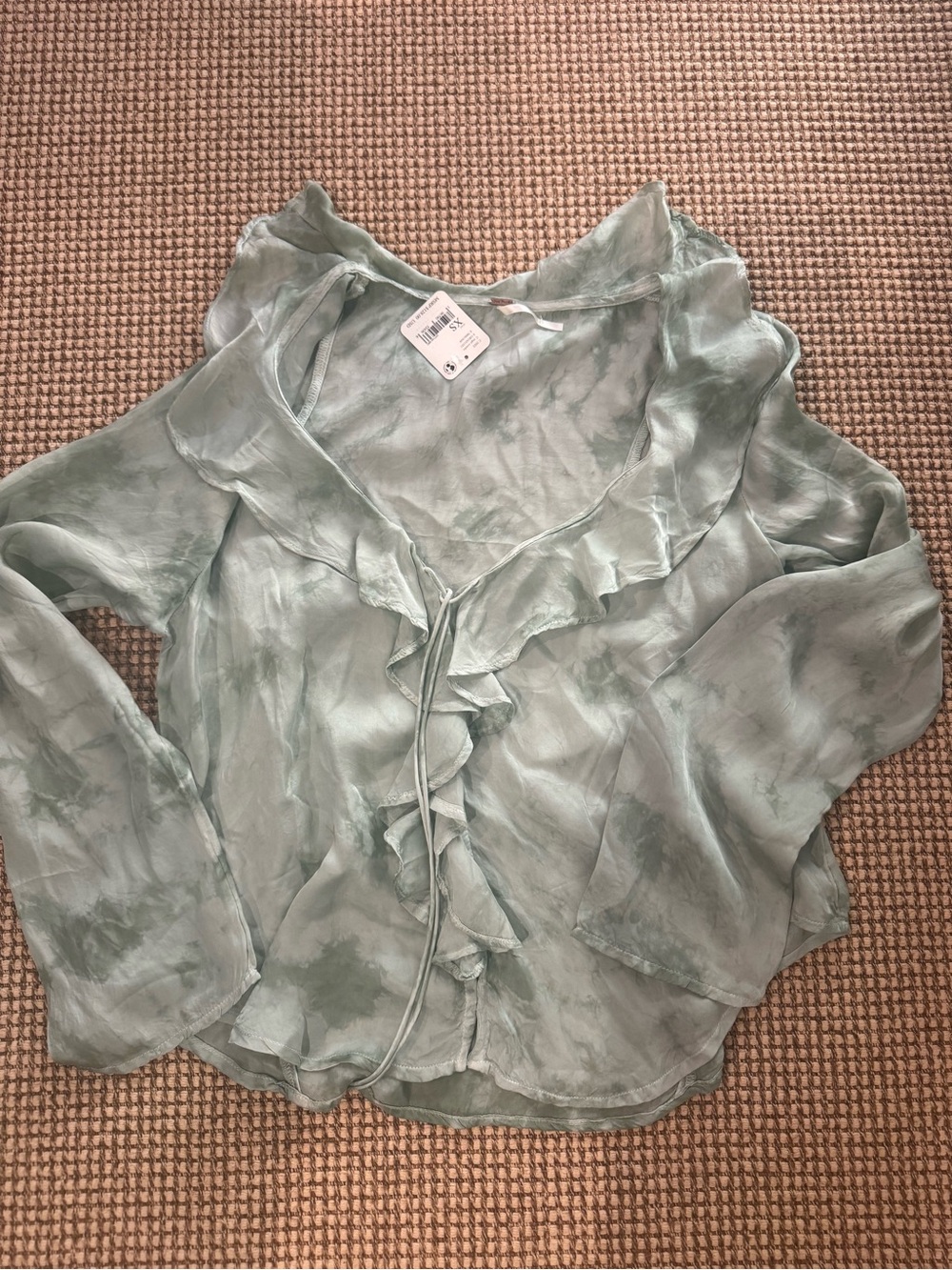 Free People Pale Sage Ruffle Tie-Front Sheer Blouse